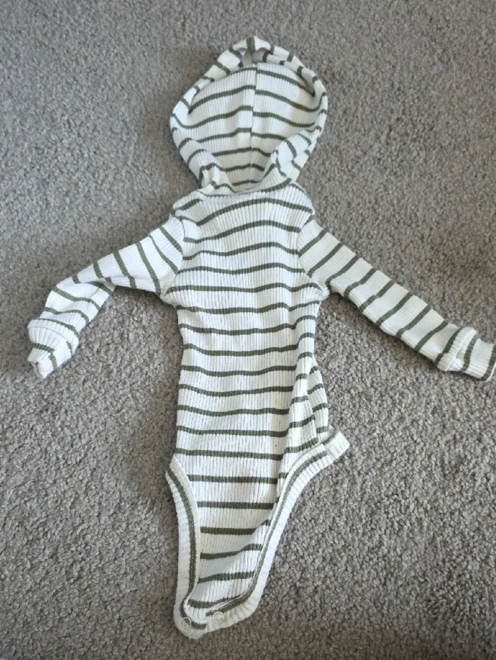 Rachel Zoe Hooded Ribbed Striped Bodysuit in Olive and White